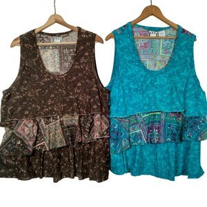Take Two Clothing Co Tank Top Pair Women XL Layered Brown Blue Floral Tie Dye